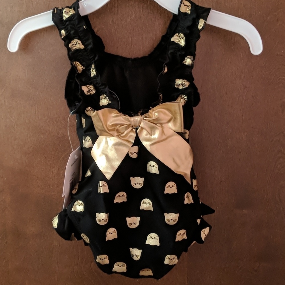 Flapdoodles Gold Foil Cat Swimsuit with bow
